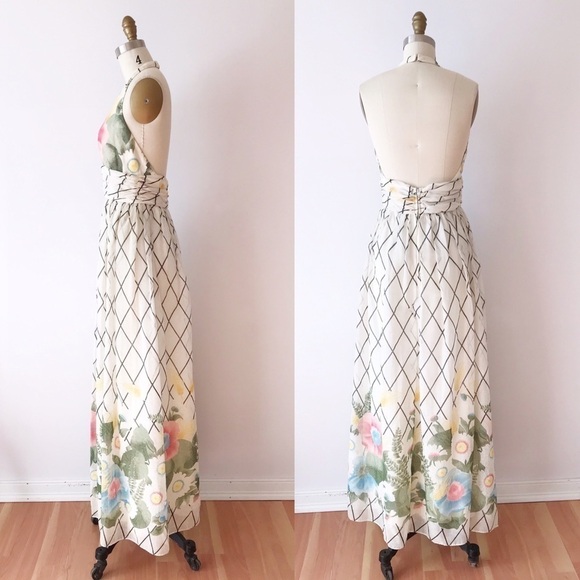 Vintage 1970s Floral Maxi Dress Long Windowpane XS - Picture 2 of 9